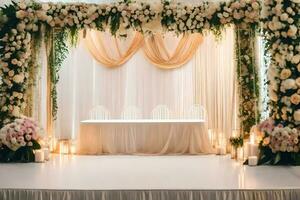 uma Casamento cerimônia com uma floral arco e velas. gerado por IA foto