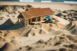 uma miniatura casa em a de praia com areia dunas. gerado por IA foto