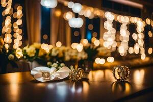 Casamento argolas em uma mesa dentro frente do uma pano de fundo do luzes. gerado por IA foto