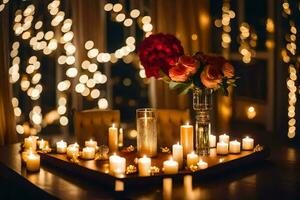 velas e flores estão em uma mesa dentro frente do uma janela. gerado por IA foto