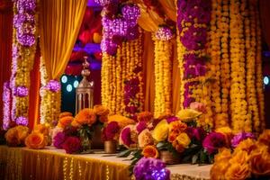 uma colorida Casamento recepção com flores e guirlandas. gerado por IA foto