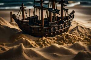 uma pirata navio é sentado em a areia. gerado por IA foto