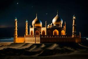 uma mesquita dentro a deserto às noite. gerado por IA foto