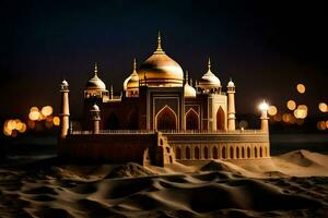 uma areia castelo dentro a deserto às noite. gerado por IA foto