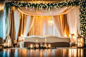 uma Casamento recepção com velas e luzes. gerado por IA foto
