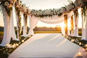 a ao ar livre Casamento cerimônia com branco cortinas e velas. gerado por IA foto