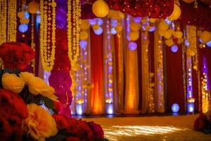 uma colorida Casamento etapa com balões e flores gerado por IA foto