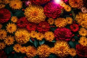 uma ampla arranjo do vermelho e amarelo flores gerado por IA foto