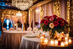 uma Casamento recepção mesa com velas e flores gerado por IA foto