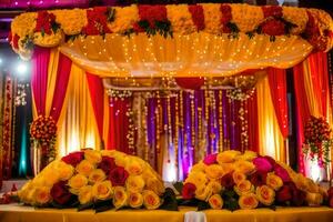 uma Casamento cerimônia com amarelo e vermelho flores gerado por IA foto