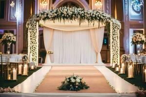 uma Casamento cerimônia com uma branco e Rosa floral arco. gerado por IA foto