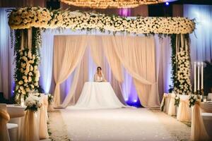 uma Casamento cerimônia é conjunto acima com branco flores gerado por IA foto