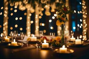 uma mesa conjunto para uma jantar festa com velas e luzes. gerado por IA foto