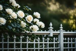 branco rosas estão crescendo em uma cerca. gerado por IA foto