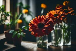 laranja flores dentro vasos em uma mesa perto uma janela. gerado por IA foto