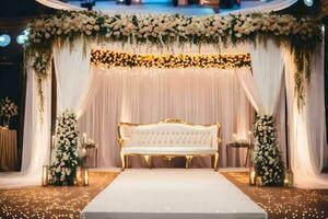 uma Casamento cerimônia com uma branco e ouro decoração. gerado por IA foto