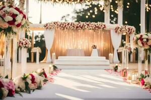 uma Casamento cerimônia com branco e Rosa flores gerado por IA foto