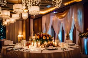 uma Casamento recepção mesa com velas e candelabros. gerado por IA foto