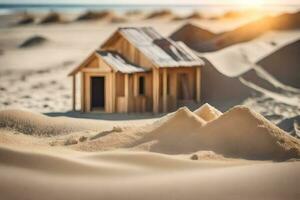 uma pequeno de madeira casa dentro a areia dunas. gerado por IA foto