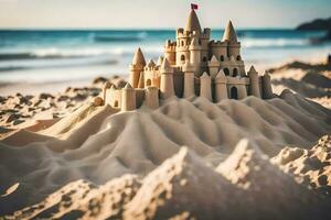 uma areia castelo em a de praia com uma vermelho bandeira. gerado por IA foto