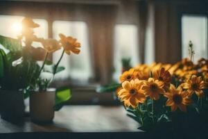 flores dentro vasos em uma mesa dentro frente do uma janela. gerado por IA foto