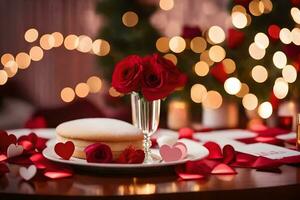 uma dia dos namorados dia mesa configuração com uma bolo e vermelho rosas. gerado por IA foto