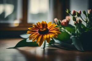 uma amarelo flor senta em uma mesa dentro frente do uma janela. gerado por IA foto