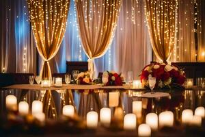 uma Casamento recepção com velas e luzes. gerado por IA foto