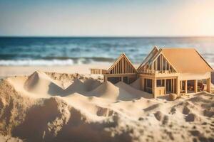 uma miniatura casa em a de praia com areia. gerado por IA foto