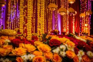 uma colorida Casamento recepção com flores e guirlandas. gerado por IA foto