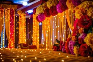 uma colorida Casamento etapa decorado com flores e luzes. gerado por IA foto