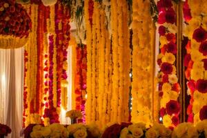 uma Casamento recepção com colorida flores e guirlandas. gerado por IA foto