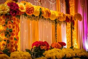 uma colorida Casamento etapa com flores e guirlandas. gerado por IA foto