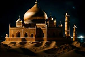 uma ampla Castanho mesquita dentro a deserto às noite. gerado por IA foto