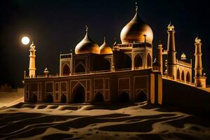 a lua é brilhando sobre uma mesquita dentro a deserto. gerado por IA foto