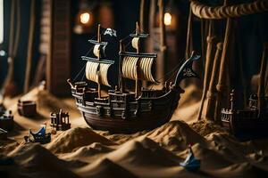 uma pirata navio é dentro uma areia Cova com de outros brinquedos. gerado por IA foto