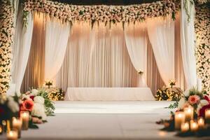 a Casamento cerimônia estava mantido dentro uma ampla corredor com uma etapa e uma ampla floral arco. gerado por IA foto