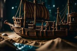 uma modelo do uma navio em uma arenoso de praia. gerado por IA foto
