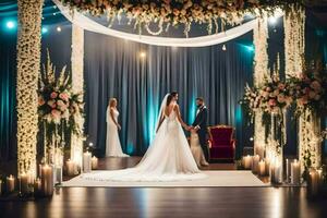 uma noiva e noivo em pé dentro frente do uma Casamento cerimônia. gerado por IA foto