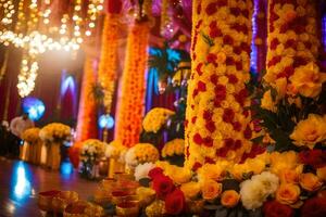 uma Casamento recepção com colorida flores e velas. gerado por IA foto