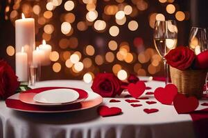 dia dos namorados dia mesa configuração com vermelho corações gerado por IA foto