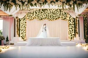uma Casamento cerimônia dentro uma ampla quarto com branco flores gerado por IA foto