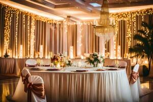 uma Casamento recepção com branco toalhas de mesa e ouro decoração. gerado por IA foto