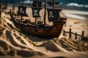 uma pirata navio é em a areia dentro a oceano. gerado por IA foto