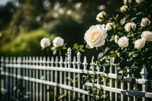 branco rosas estão crescendo em uma cerca. gerado por IA foto