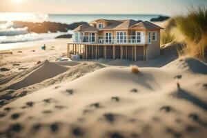 uma miniatura casa em a de praia com areia dunas. gerado por IA foto