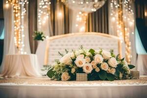 uma Casamento cerimônia com flores e luzes. gerado por IA foto