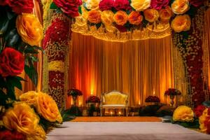 uma Casamento cerimônia com vermelho e amarelo flores gerado por IA foto