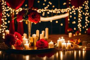 velas e flores estão arranjado em uma mesa com vermelho rosas. gerado por IA foto