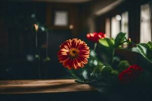 uma flor sentado em uma mesa dentro frente do uma janela. gerado por IA foto